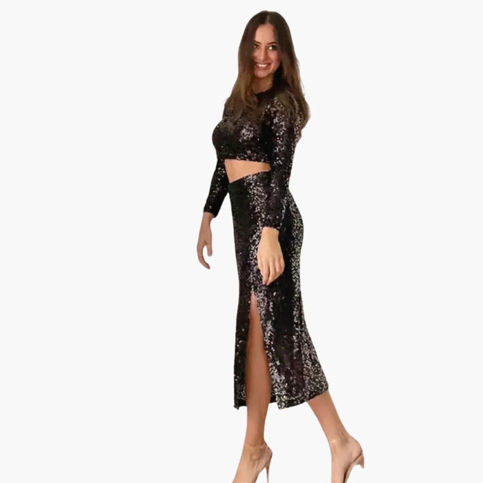 Women's Two-Piece Set with Sequin Top and Mini Skirt