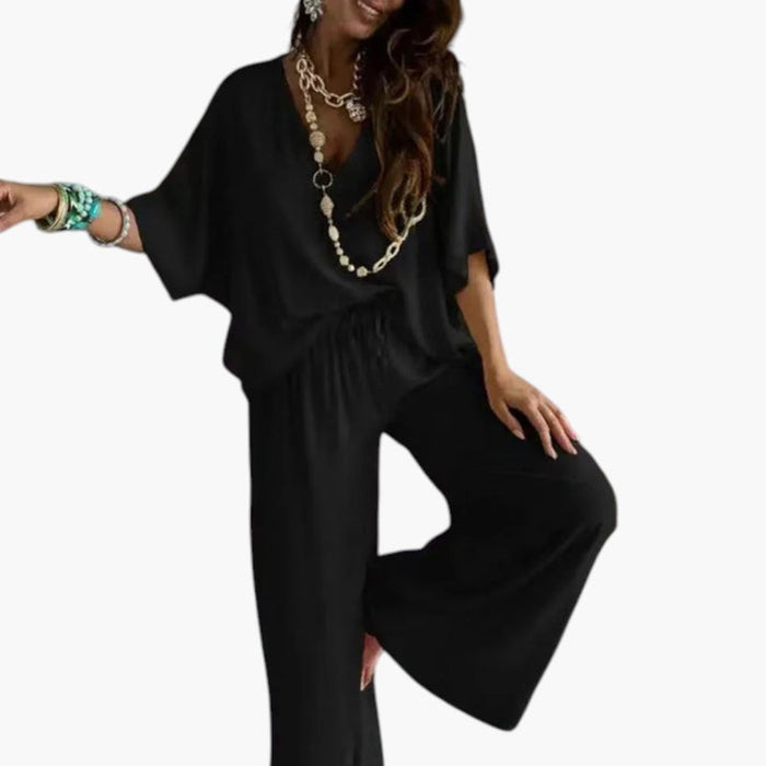 Women's Two Piece Set with V Neck and Wide Leg Trousers