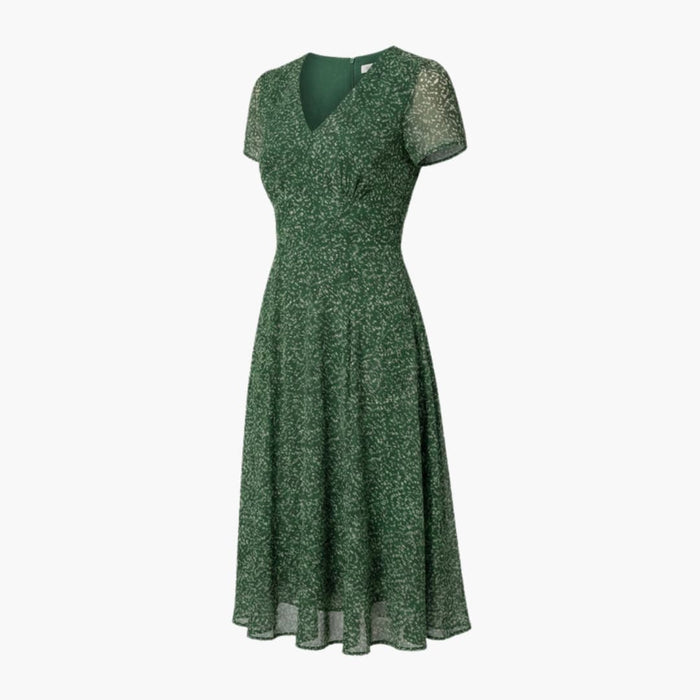 Women’s V-Neck A-Line Dress with Short Sleeves and Flared Hem