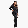 Women’s V-Neck Jumpsuit with Adjustable Belt – Long Sleeve One-Piece