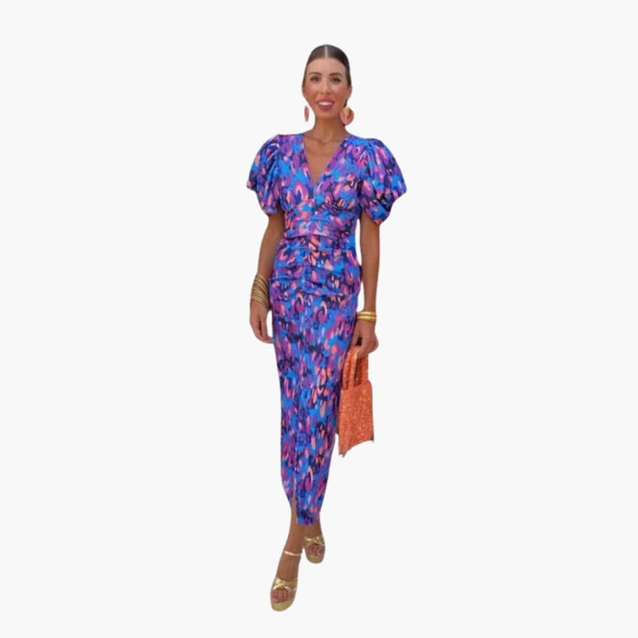 Women’s V-Neck Midi Dress with Puff Sleeves and Print
