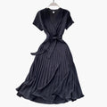 Women’s V-Neck Pleated Dress with High Waist Seam and Knee Length Skirt