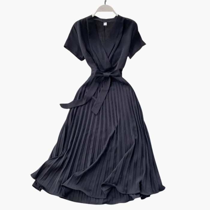 Women’s V-Neck Pleated Dress with High Waist Seam and Knee Length Skirt