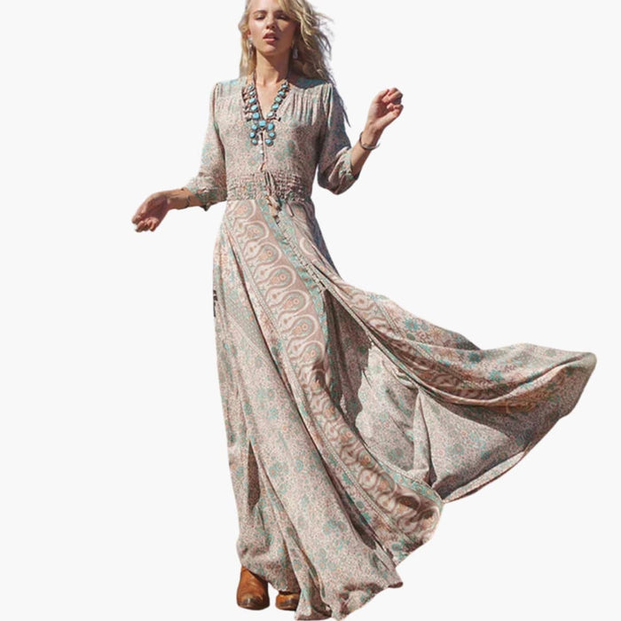 Women’s V-Neck Printed Dress with Short Sleeves and Textured Finish