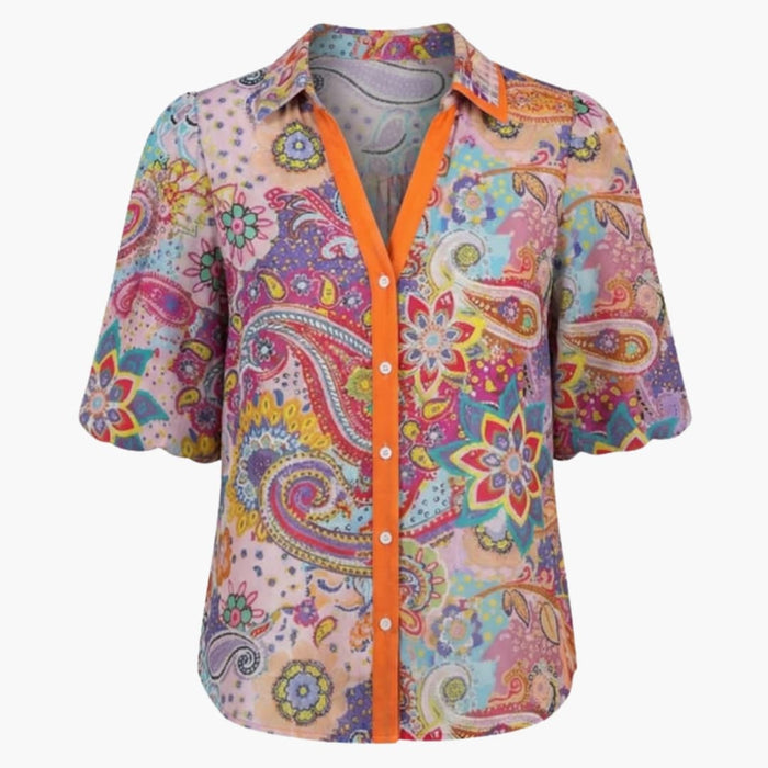 Women’s V-Neck Printed Blouse – Woven Long Sleeve Pullover Top