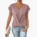 Women’s V-Neck Short Sleeve Blouse with Relaxed Fit and Straight Hem