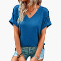 Women’s V-Neck T-Shirt with Rolled Sleeve Button Accents – Short Sleeve Top