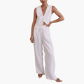 Women’s V-Neck Two-Piece Summer Outfit – Short Sleeve Top and Straight Leg Trousers