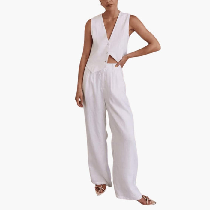 Women’s V-Neck Two-Piece Summer Outfit – Short Sleeve Top and Straight Leg Trousers