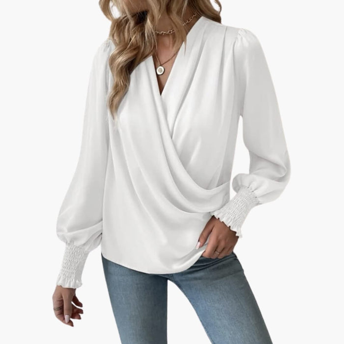 Women’s V-Neck Wrap Front Jumper Top – Long Sleeve Cross-Over Pullover Blouse