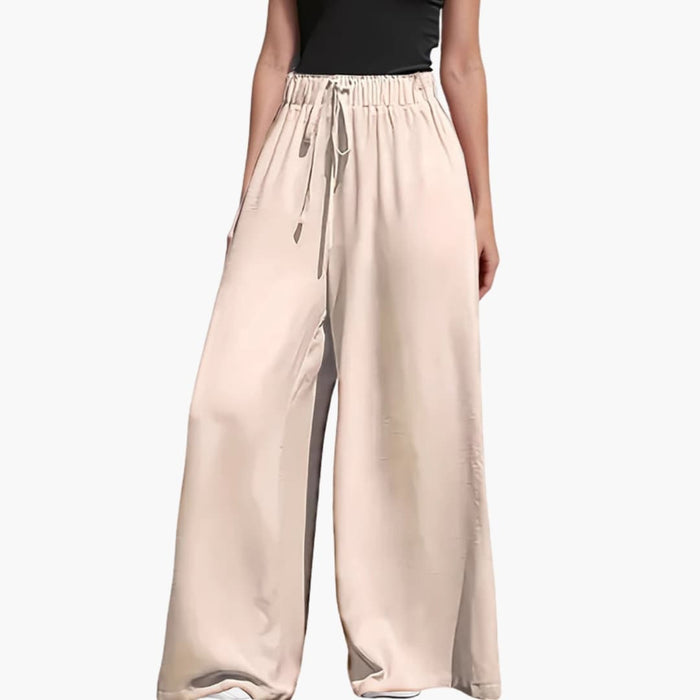 Women’s Wide Leg Trousers with Elastic Waist and Pockets – Pull-On Full-Length Trousers