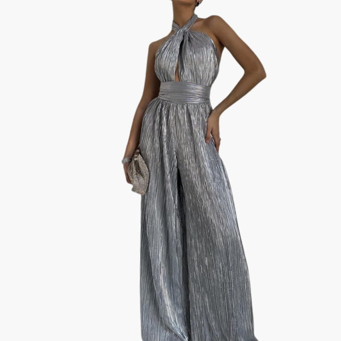 Women’s Wrap Neck Wide Leg Jumpsuit with Pleated Design