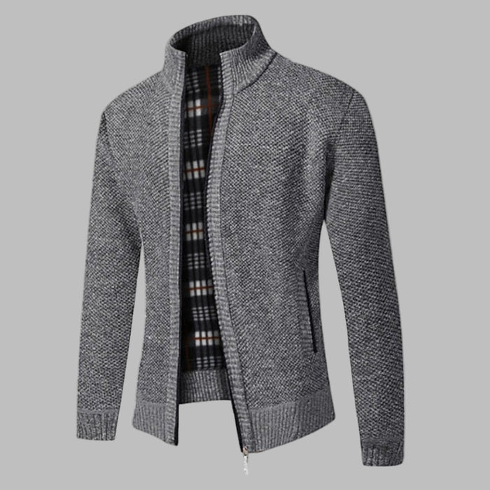 Men's Zip-Up Cardigan with Stand Collar and Textured Knit