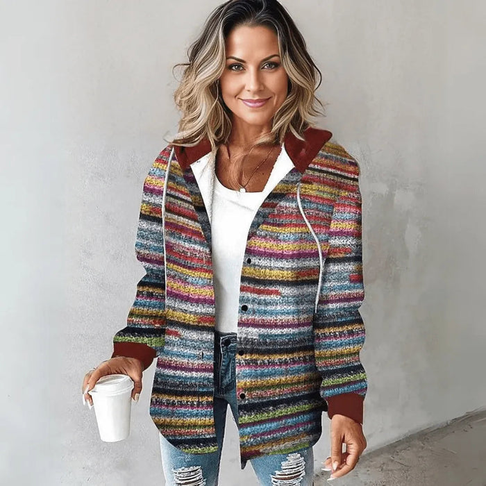 Women's Hooded Cardigan with Colourful Striped Pattern