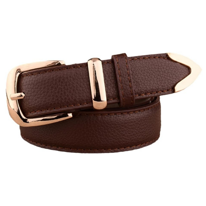 Leather Belt with Gold-Tone Buckle Classic Stitching