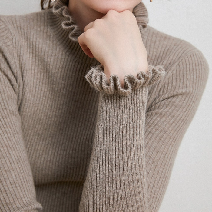 Women's Ribbed Roll Neck Jumper with Ruffle Detail