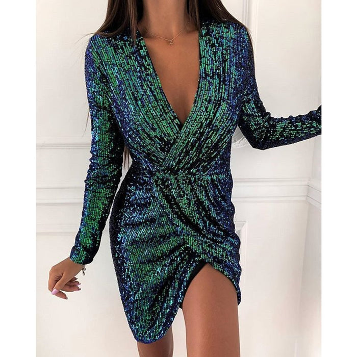 Women's Sequin Wrap Cocktail Dress with Long Sleeves
