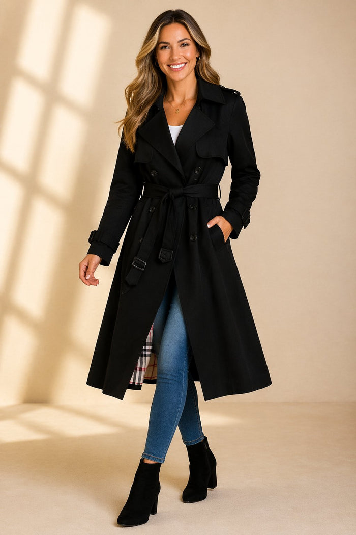 Women's Double-Breasted Trench Coat with Belted Waist