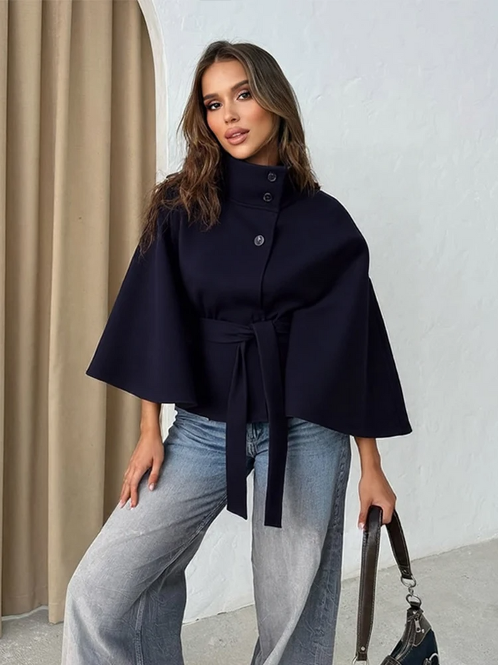 Women's Belted Cape Jacket with High Collar