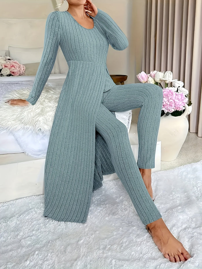 Women's Ribbed Lounge Two-Piece Set Long Sleeve Tunic
