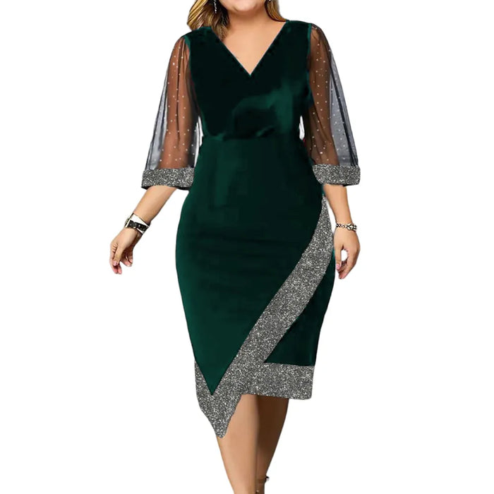 Women's Sheer Sleeve V-Neck Bodycon Dress with Glitter Trim