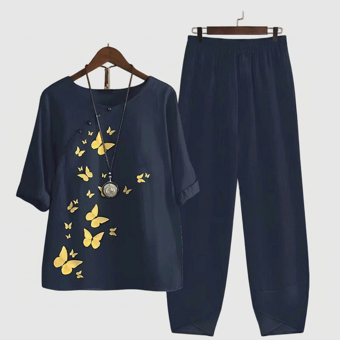 Women's Butterfly Print Two-Piece Set Relaxed Fit