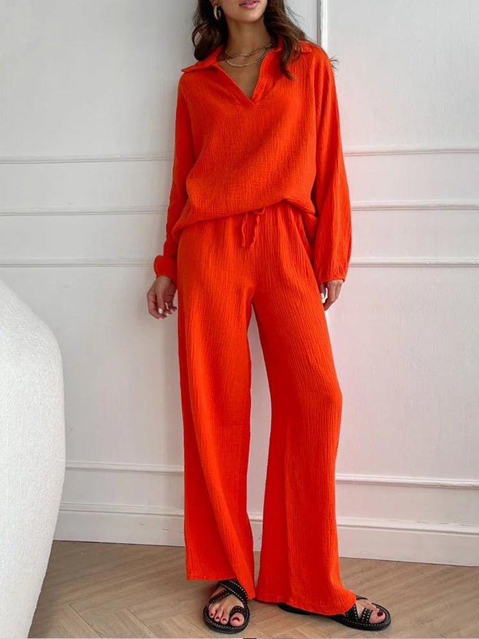 Women's Collared Shirt and Wide-Leg Trousers Lounge Set