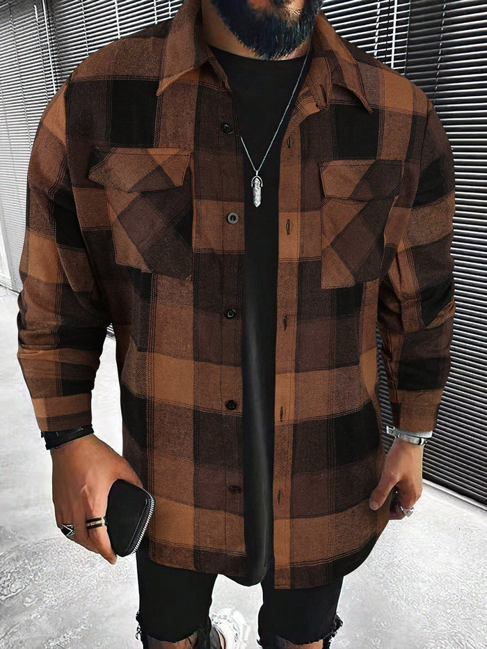 Men's Checked Shirt Jacket with Flap Pockets