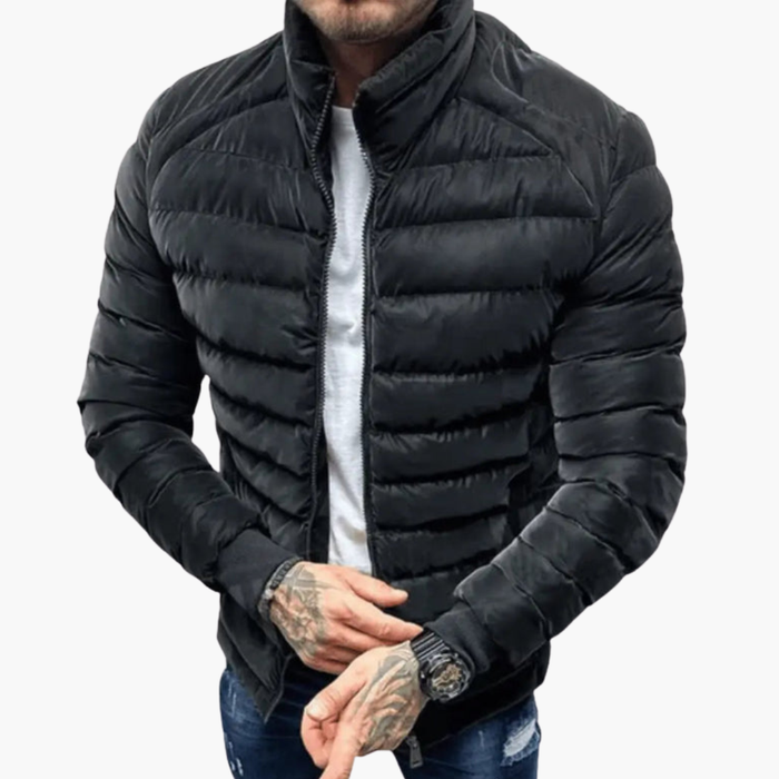 Men's Puffer Jacket with Stand Collar and Front Zip