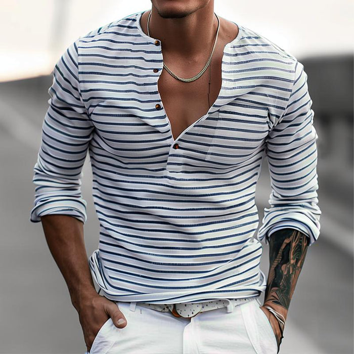 Men's Striped Henley Shirt with Long Sleeves