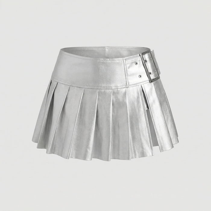 Women's Metallic Pleated Mini Skirt with Belted Waist