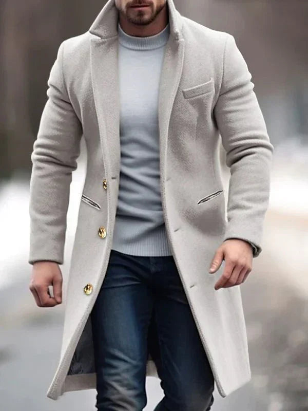 Men's Knee-Length Tailored Overcoat with Gold Buttons