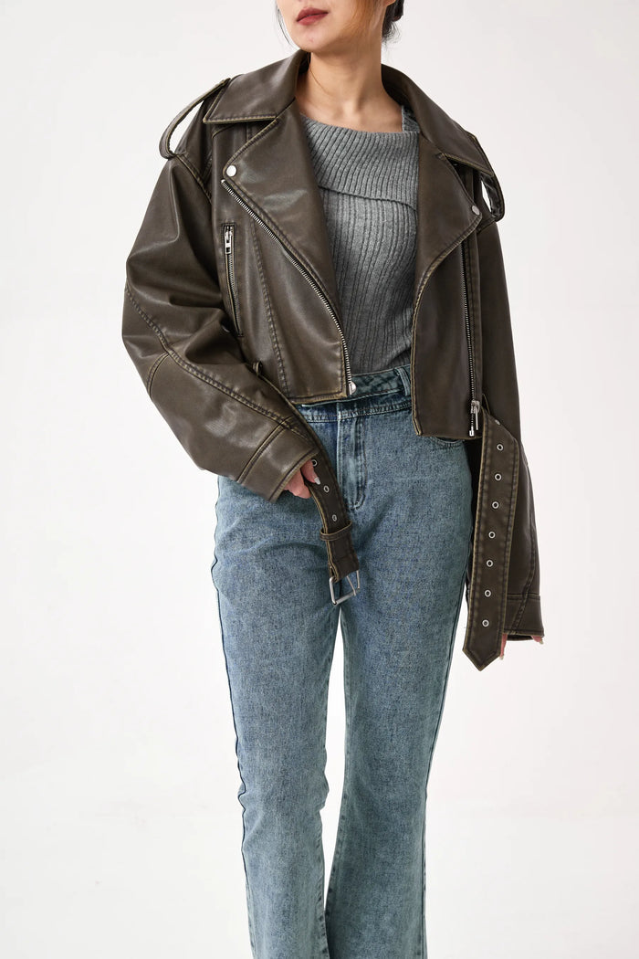 Women's Cropped Biker Jacket Zip Front Belted Waist