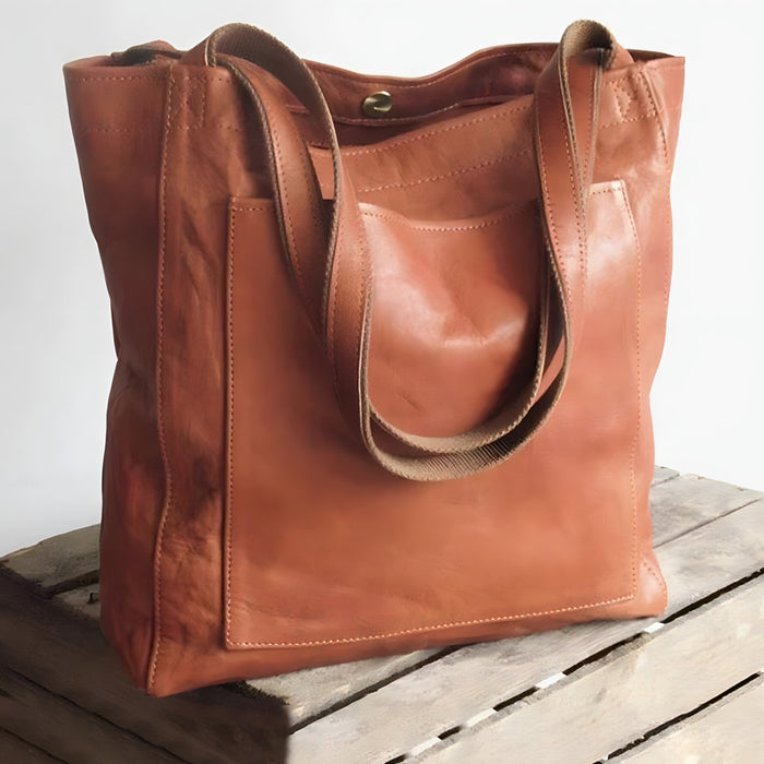 Women's Leather Tote Bag with Front Pocket and Double Handles