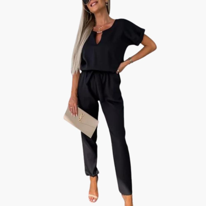 Women’s V-Neck Jumpsuit with Waist Belt