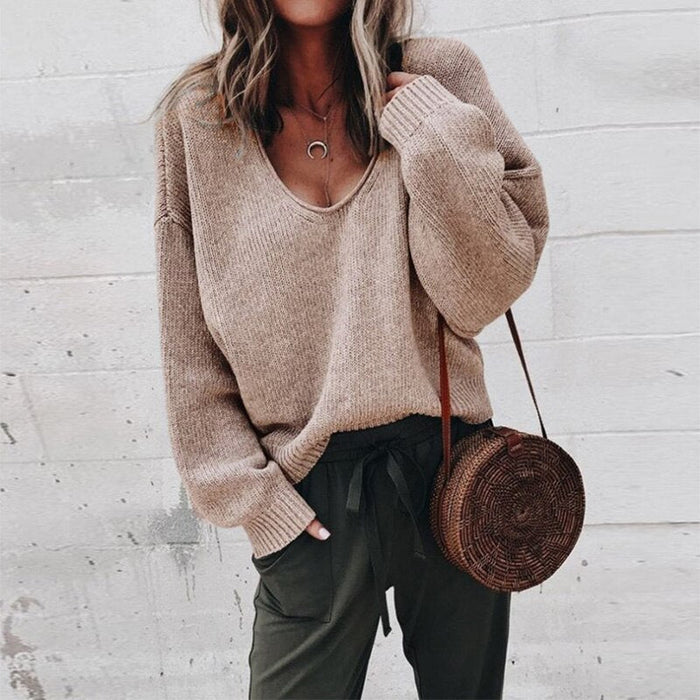 Women's Oversized V-Neck Jumper Relaxed Fit Long Sleeve