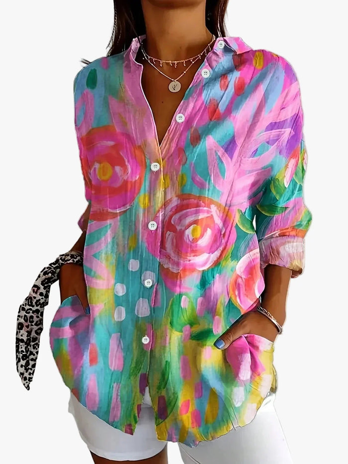 Women's Printed Button-Front Blouse with Roll-Tab Sleeves